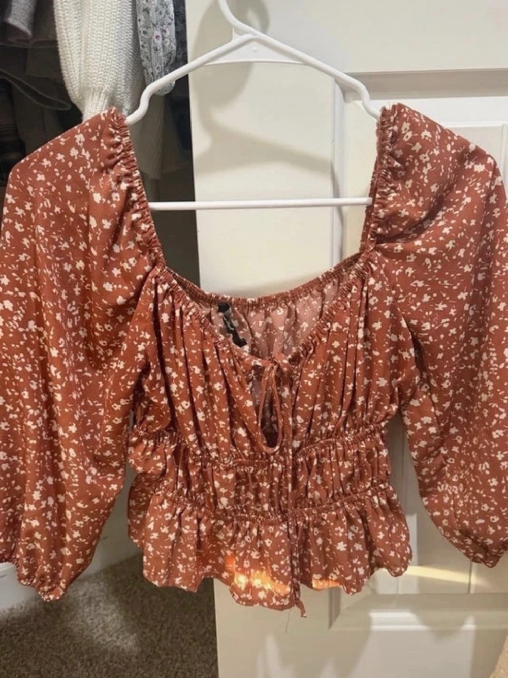 Forever 21 Rust Floral Tie-Front Smocked Peasant Top